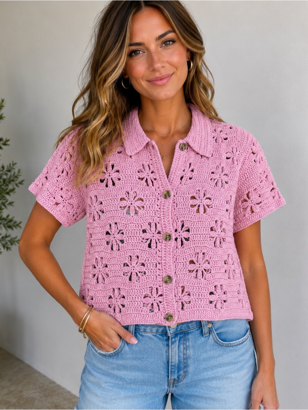 Miracle lilac Crochet Button-Front Short Sleeve Top